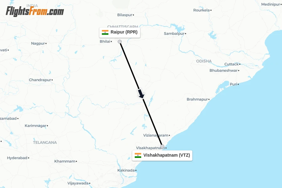 Flights from Raipur to Vishakhapatnam route map