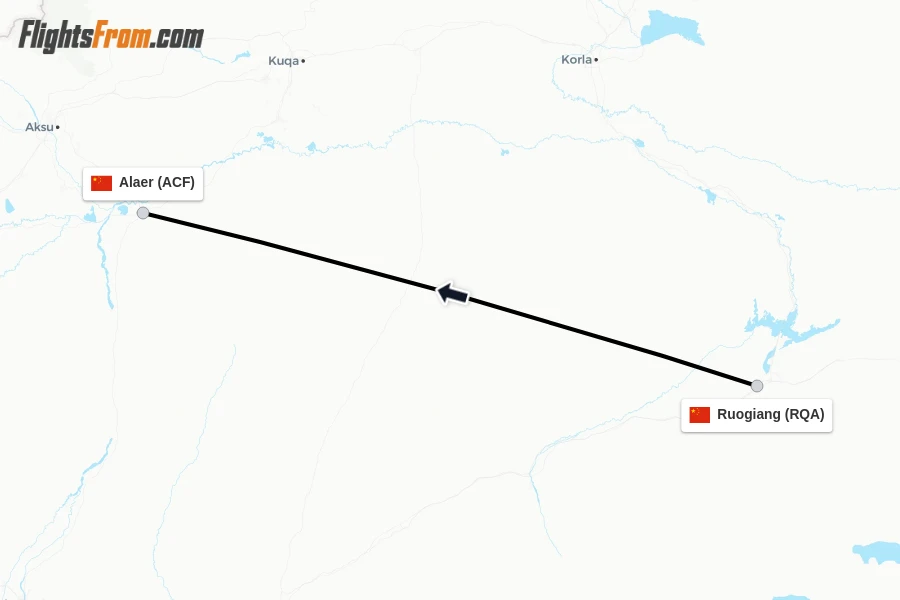 Flights from Ruogiang to Alaer route map