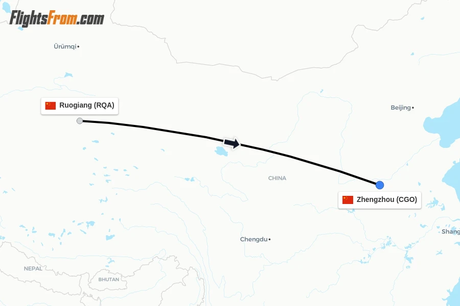 Flights from Ruogiang to Zhengzhou route map