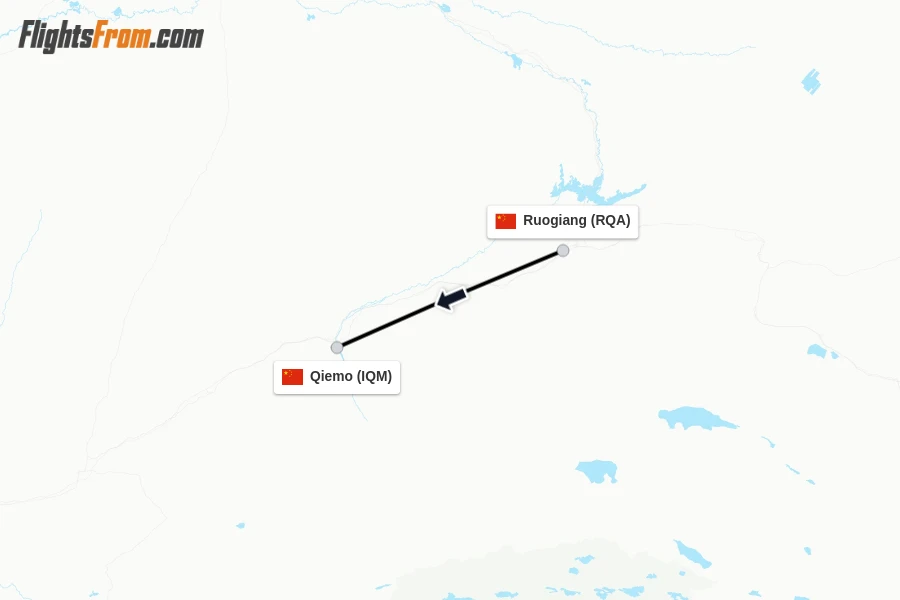 Flights from Ruogiang to Qiemo route map