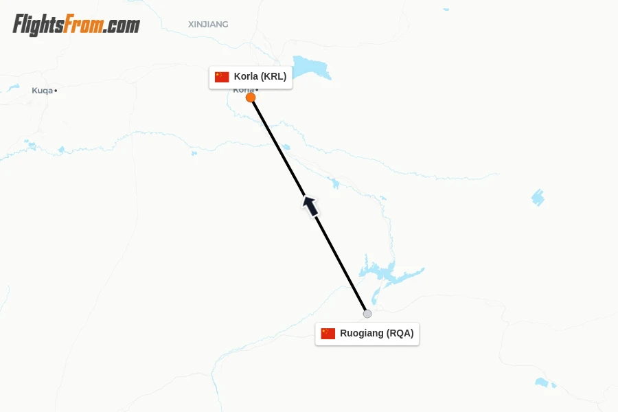 Flights from Ruogiang to Korla route map