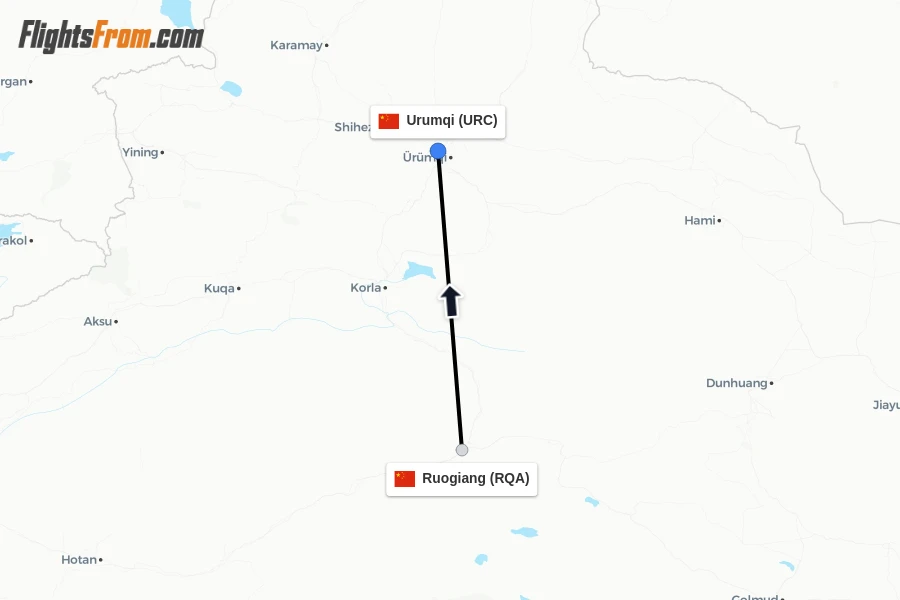 Flights from Ruogiang to Urumqi route map