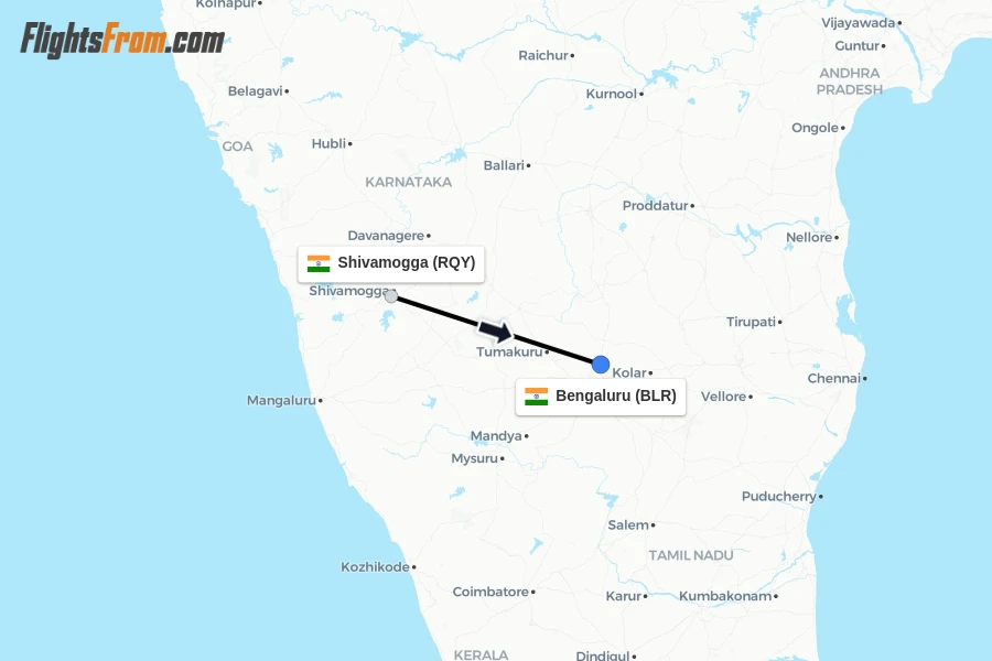 Flights from Shivamogga to Bengaluru route map