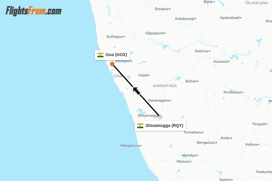 Flights from Shivamogga to Goa route map
