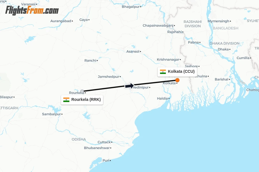 Flights from Rourkela to Kolkata route map