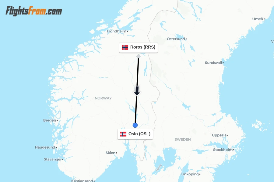 Flights from Roros to Oslo route map