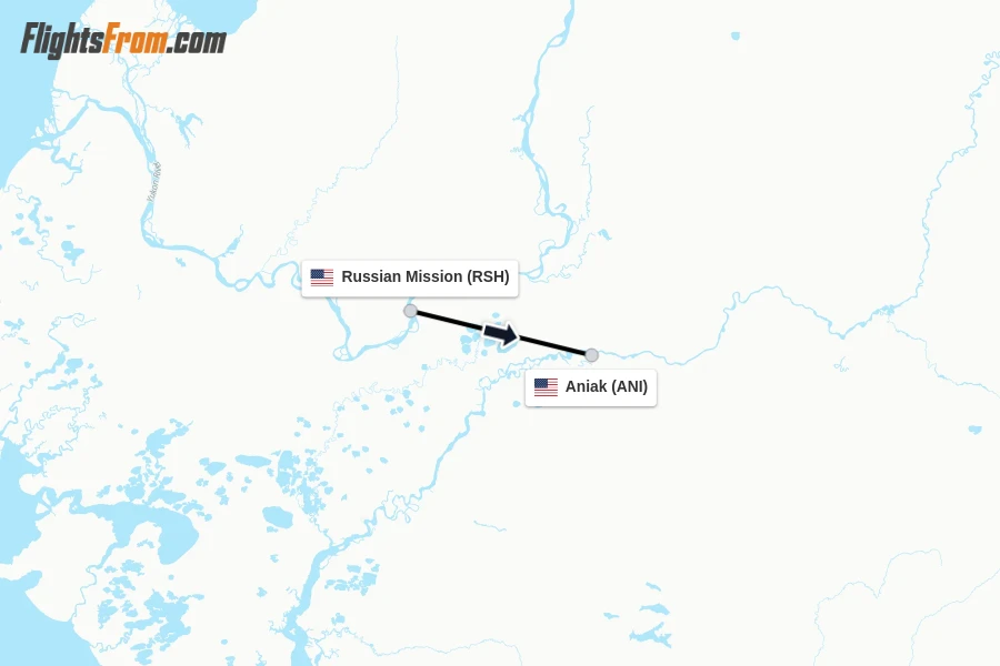 Flights from Russian Mission to Aniak route map