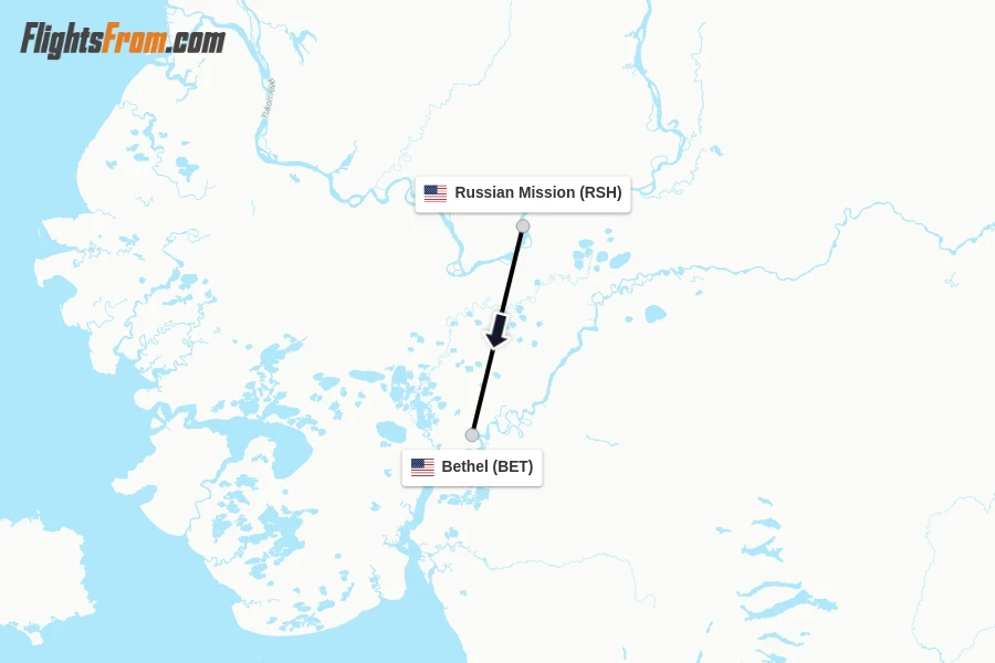 Flights from Russian Mission to Bethel route map