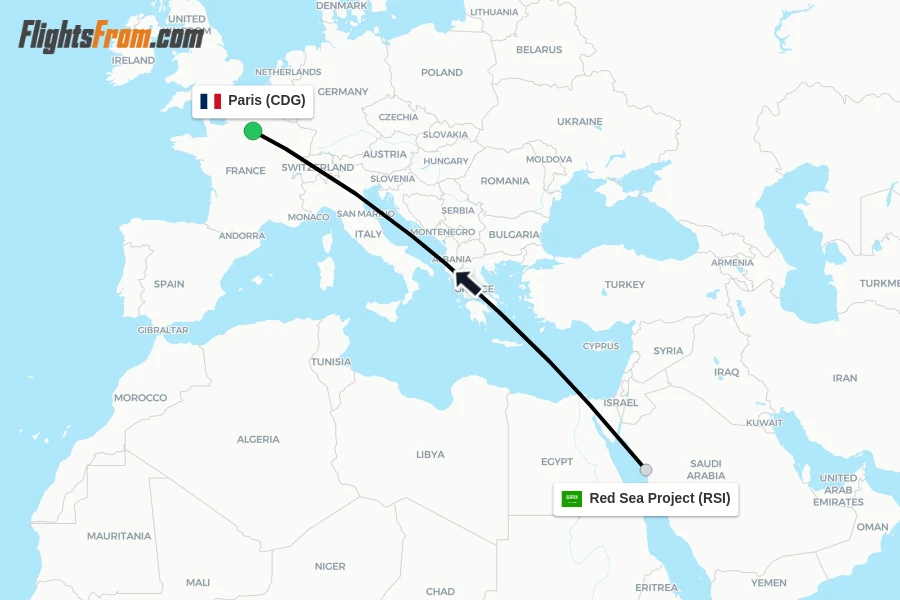 Flights from Red Sea Project to Paris route map