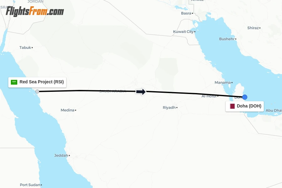 Flights from Red Sea Project to Doha route map