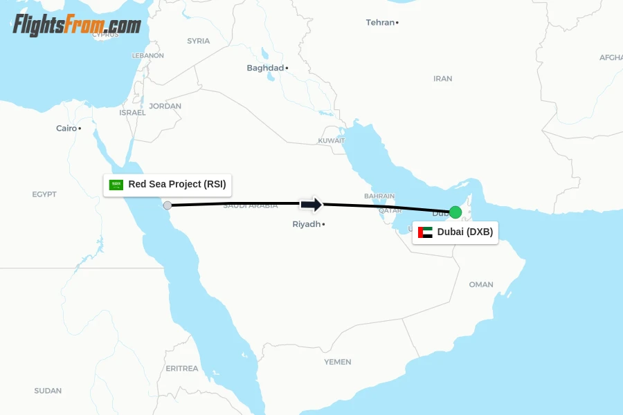 Flights from Red Sea Project to Dubai route map