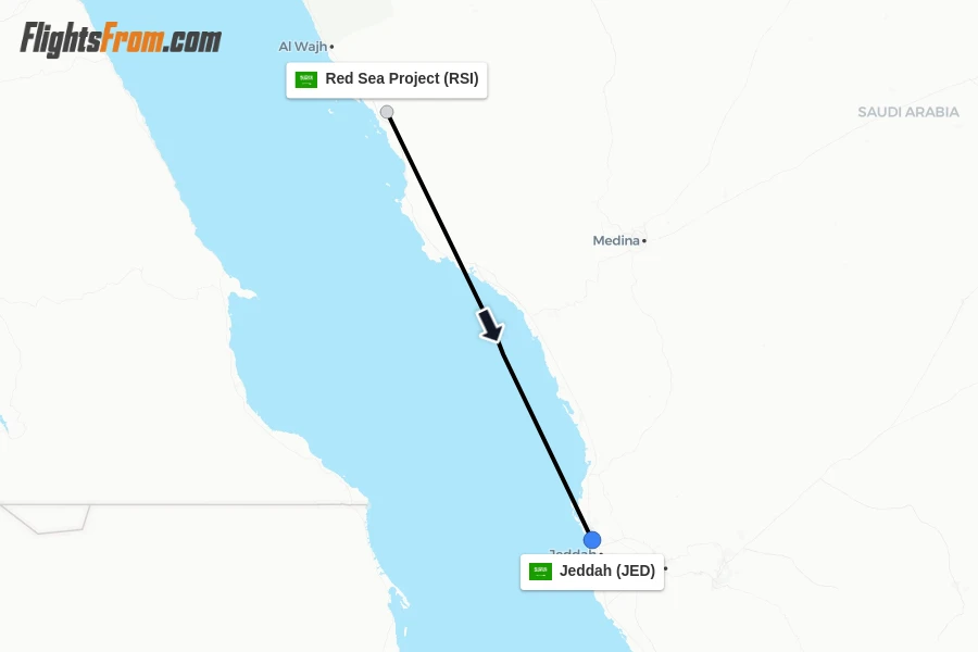 Flights from Red Sea Project to Jeddah route map