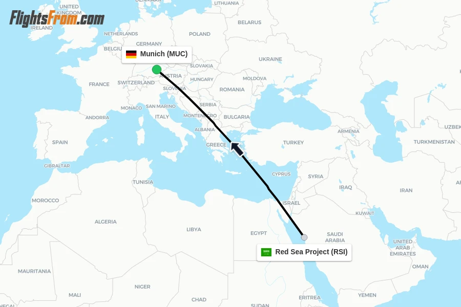 Flights from Red Sea Project to Munich route map
