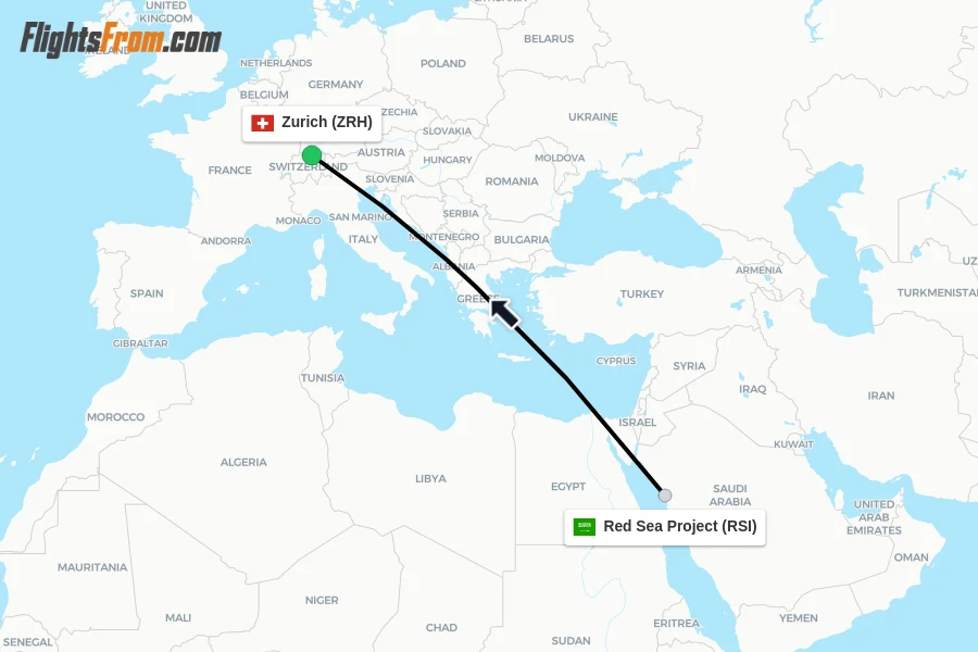 Flights from Red Sea Project to Zurich route map