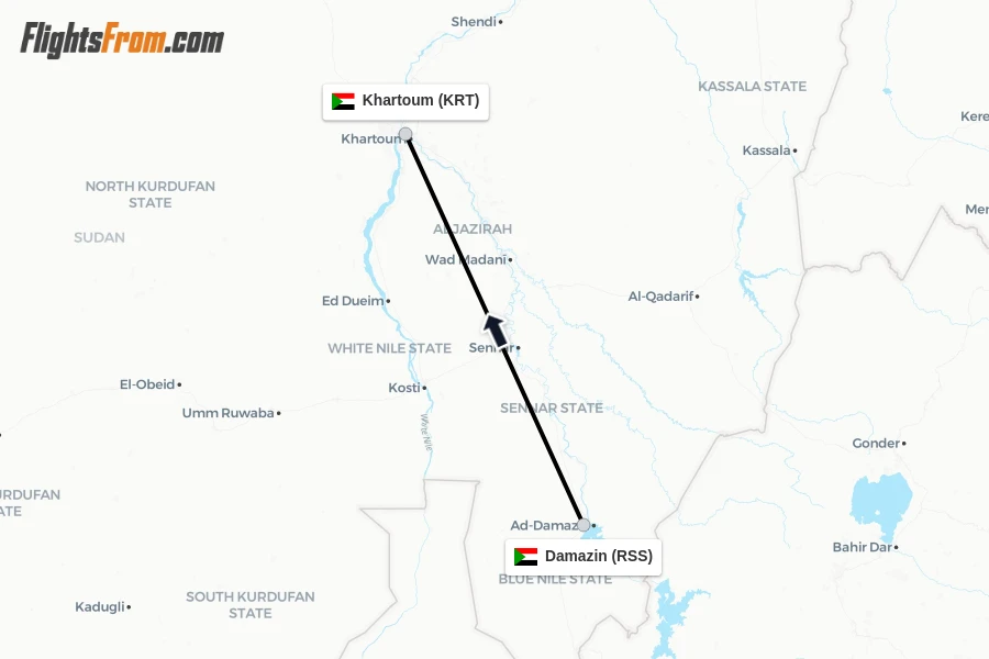 Flights from Damazin to Khartoum route map