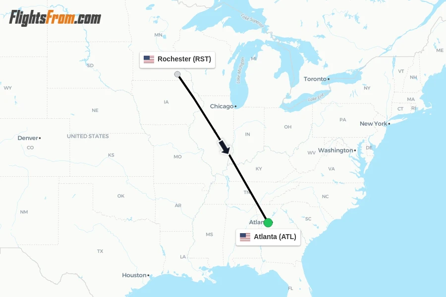 Flights from Rochester to Atlanta route map