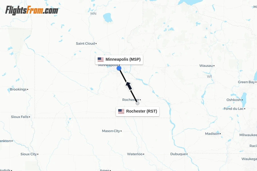 Flights from Rochester to Minneapolis route map