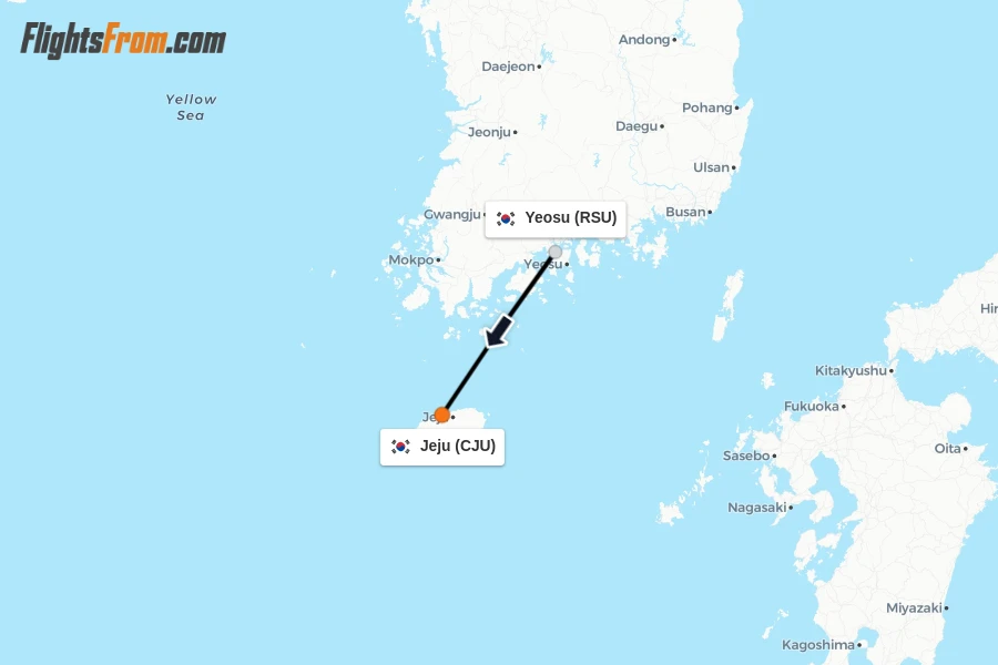 Flights from Yeosu to Jeju route map