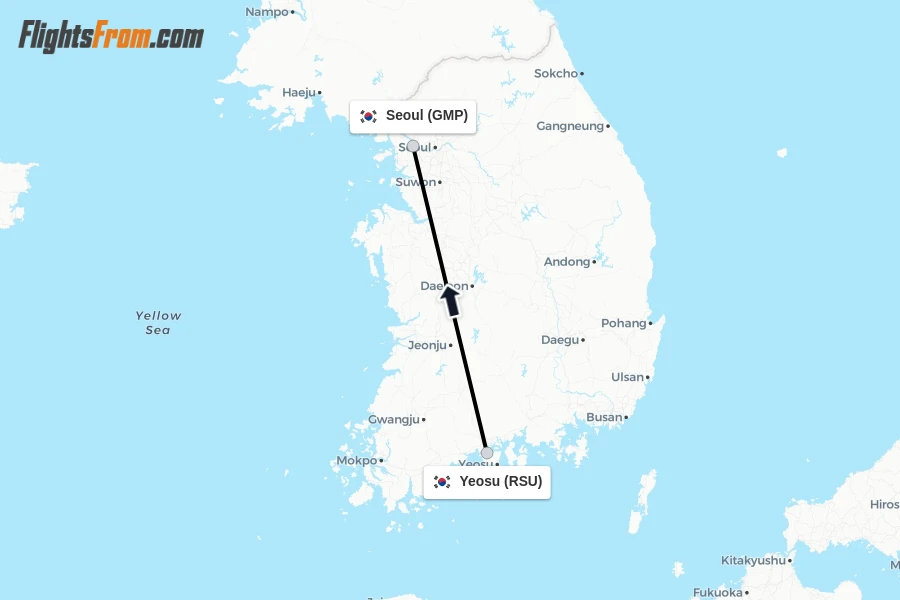 Flights from Yeosu to Seoul route map
