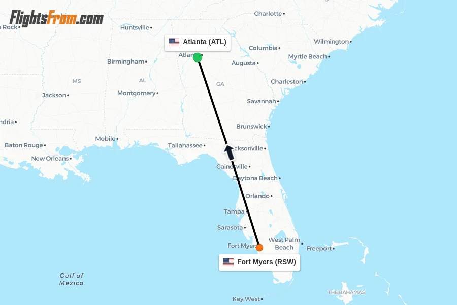 Flights from Fort Myers to Atlanta route map