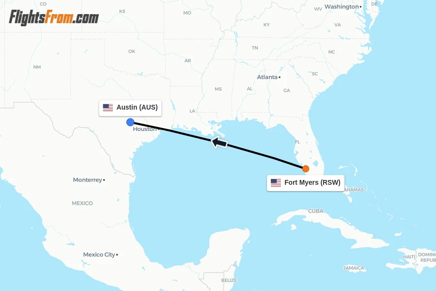 Flights from Fort Myers to Austin route map