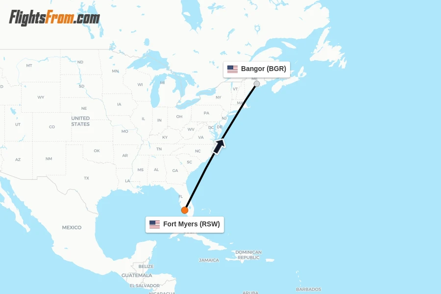 Flights from Fort Myers to Bangor route map