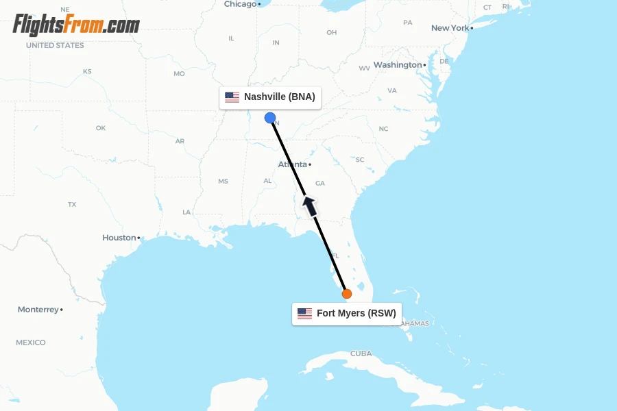 Flights from Fort Myers to Nashville route map
