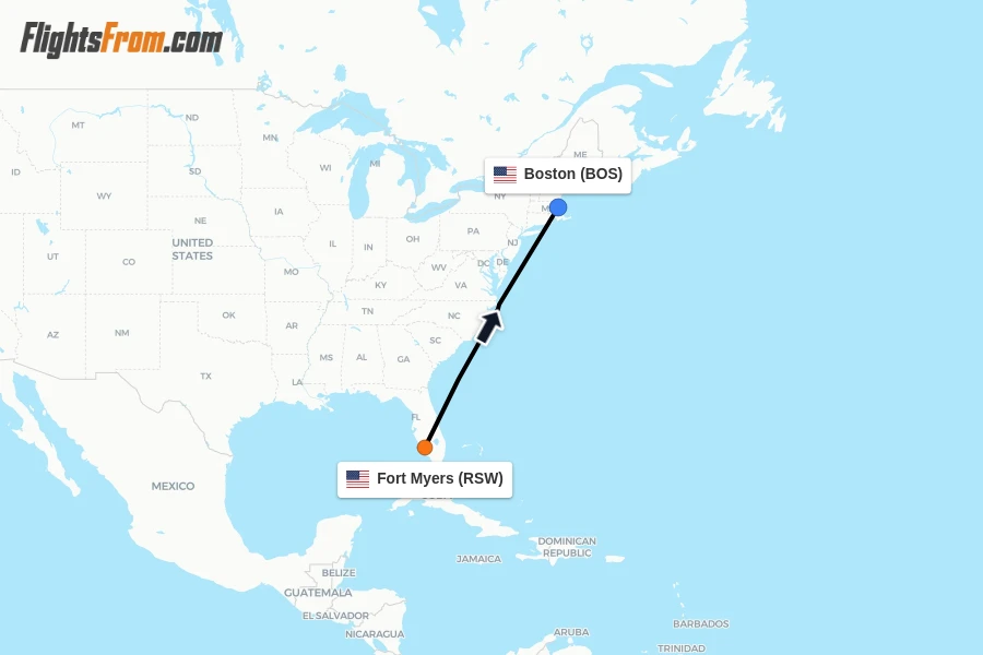 Flights from Fort Myers to Boston route map