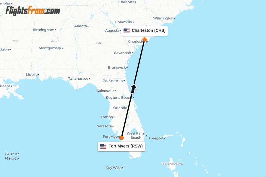 Flights from Fort Myers to Charleston route map
