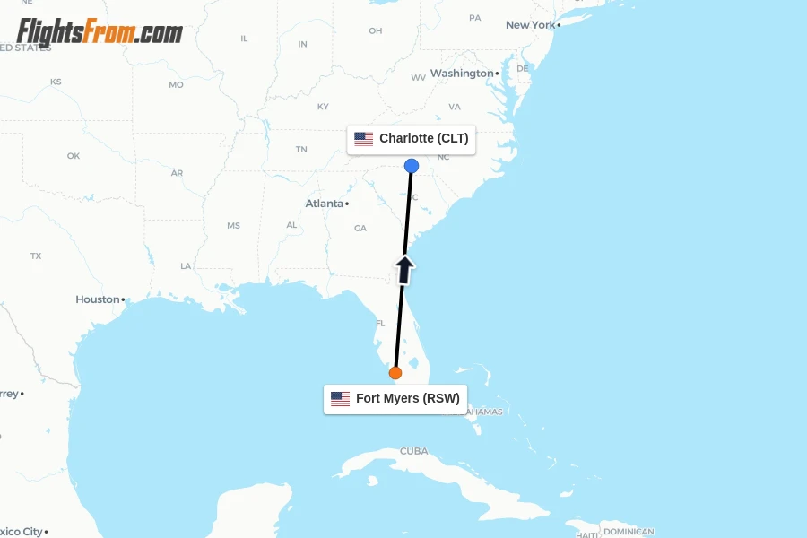 Flights from Fort Myers to Charlotte route map