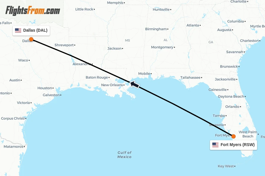 Flights from Fort Myers to Dallas route map