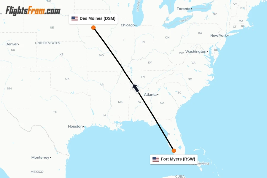 Flights from Fort Myers to Des Moines route map