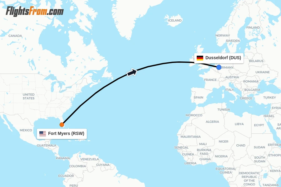 Flights from Fort Myers to Dusseldorf route map