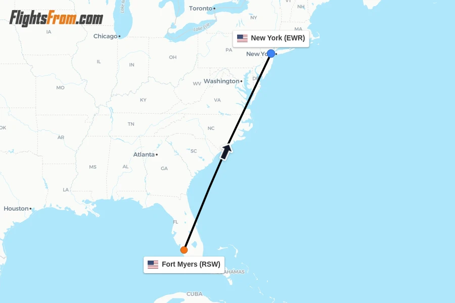 Flights from Fort Myers to New York route map