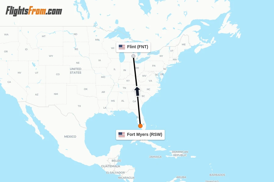 Flights from Fort Myers to Flint route map