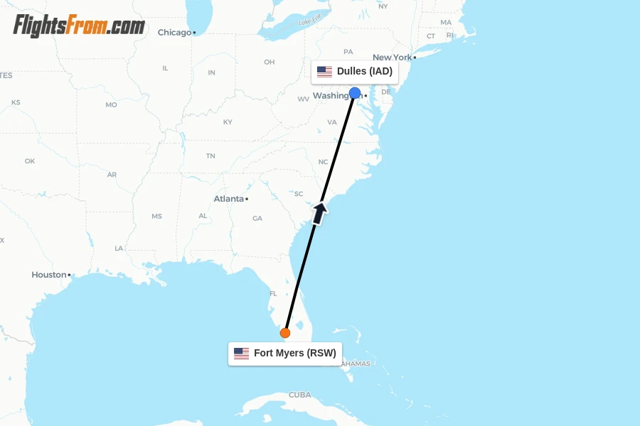 Flights from Fort Myers to Dulles route map