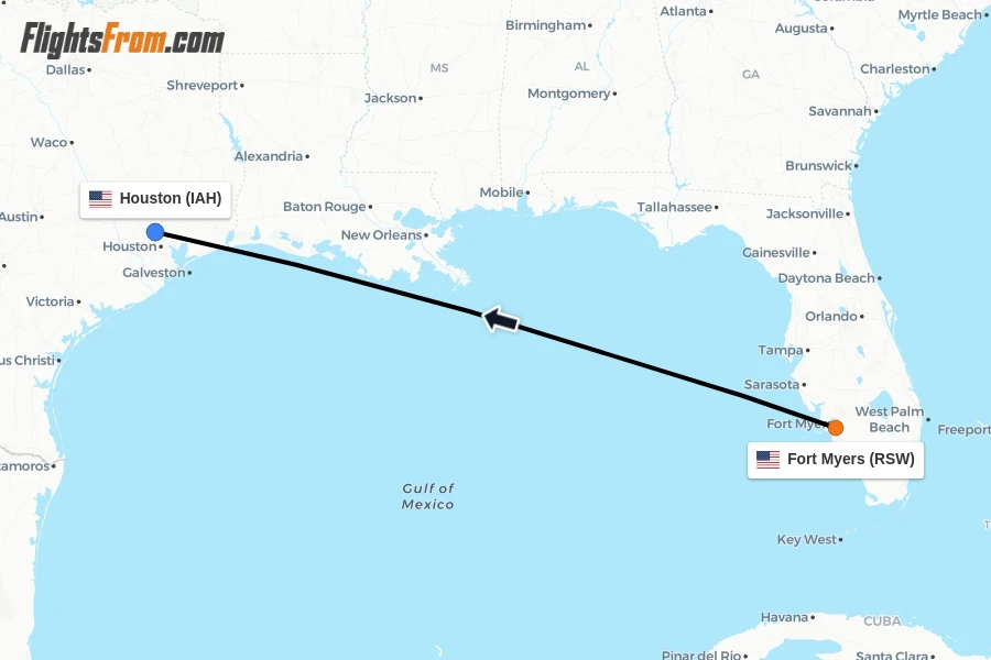 Flights from Fort Myers to Houston route map
