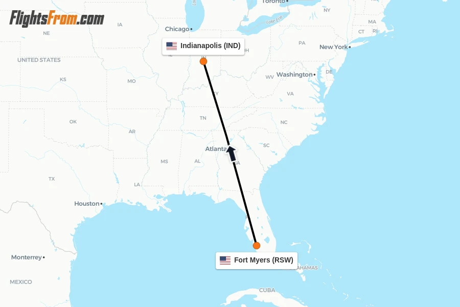 Flights from Fort Myers to Indianapolis route map