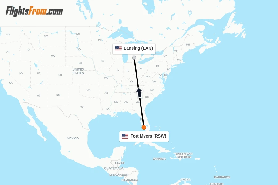 Flights from Fort Myers to Lansing route map