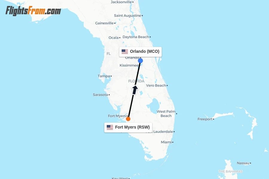 Flights from Fort Myers to Orlando route map