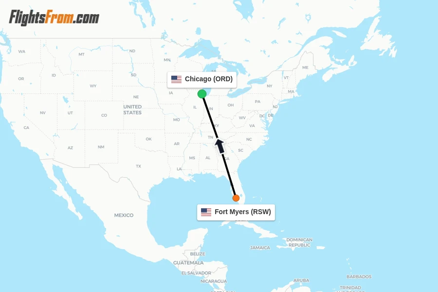 Flights from Fort Myers to Chicago route map