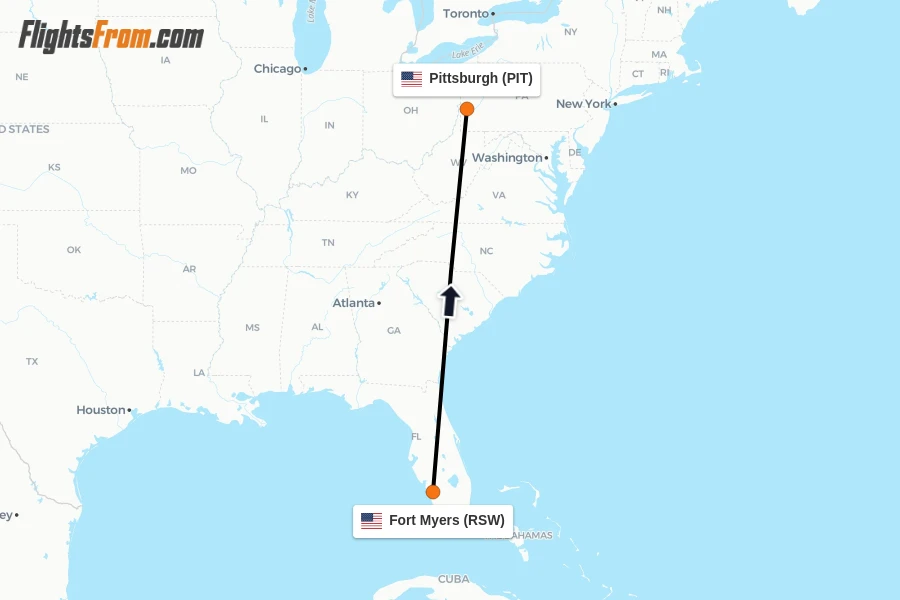 Flights from Fort Myers to Pittsburgh route map