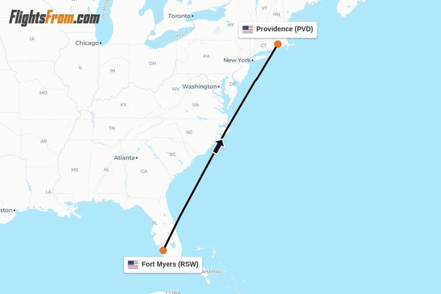 Flights from Fort Myers to Providence route map