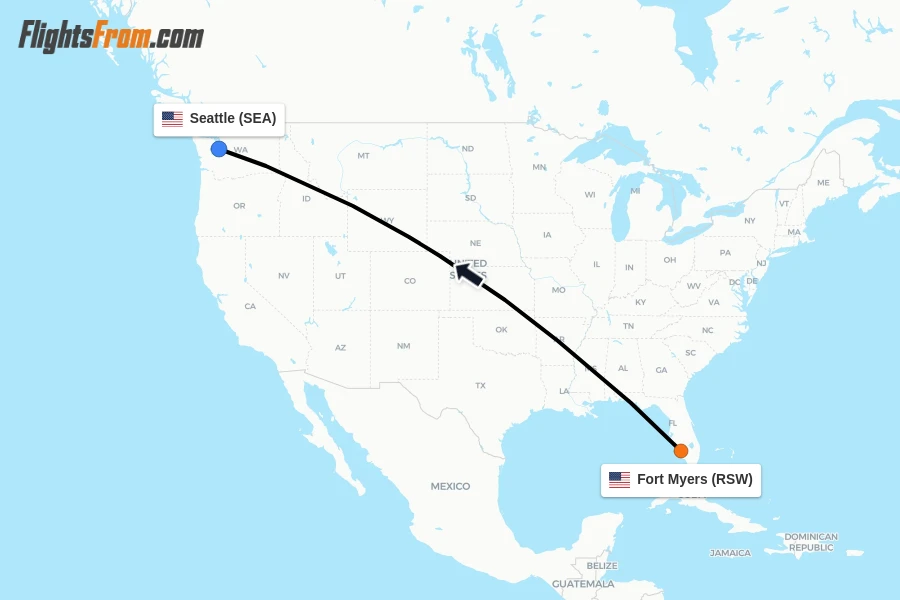 Flights from Fort Myers to Seattle route map