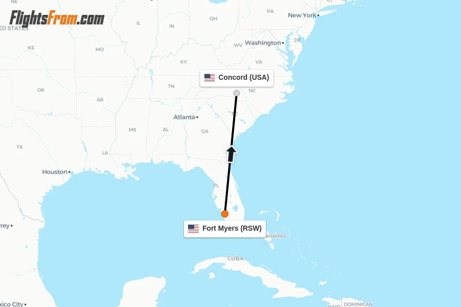 Flights from Fort Myers to Concord route map