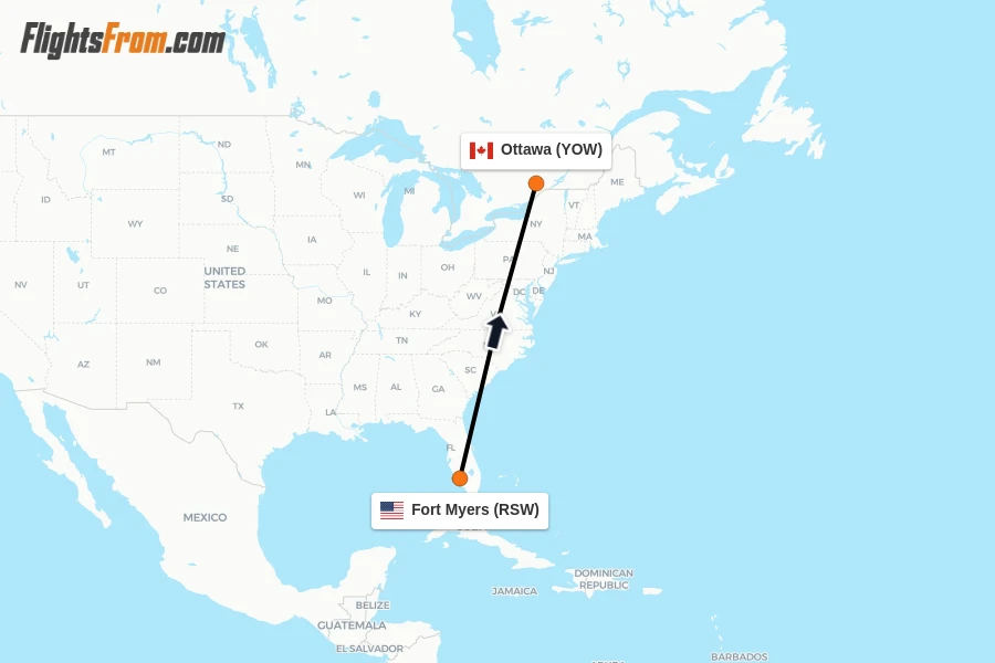 Flights from Fort Myers to Ottawa route map
