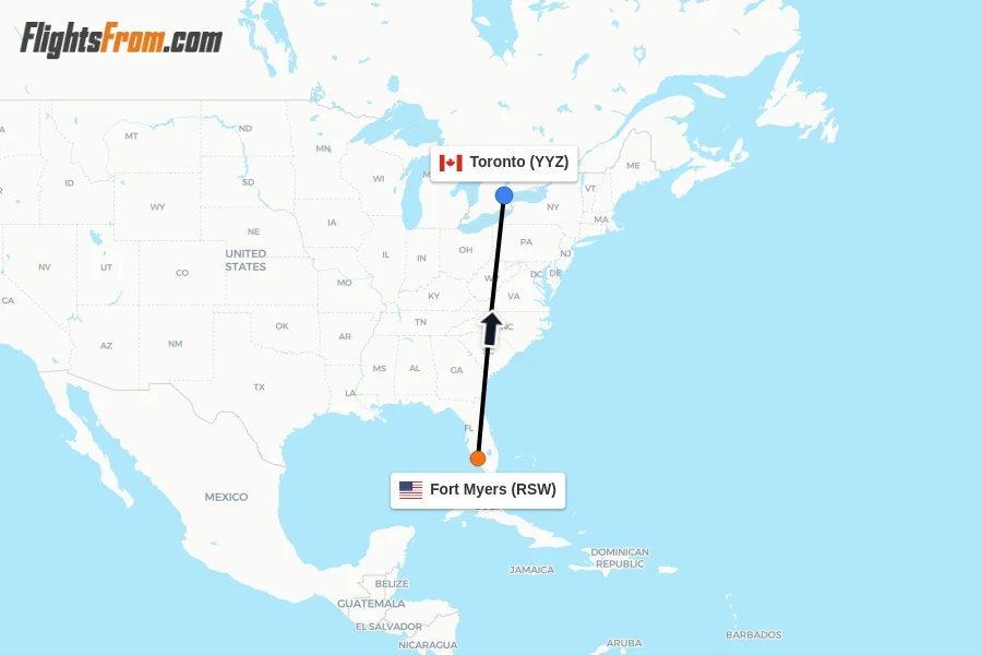 Flights from Fort Myers to Toronto route map