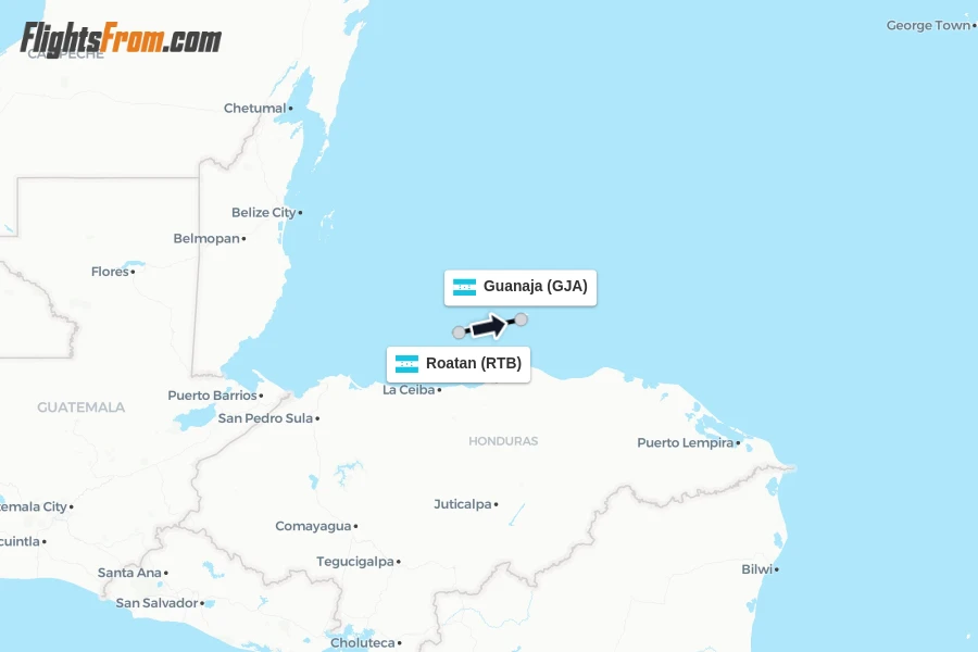 Flights from Roatan to Guanaja route map