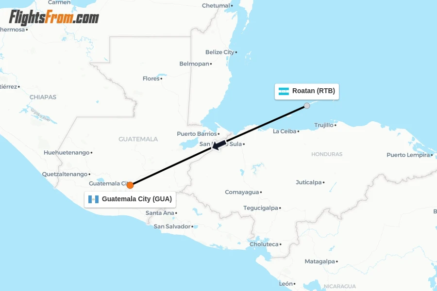 Flights from Roatan to Guatemala City route map