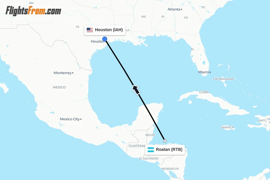 Flights from Roatan to Houston route map